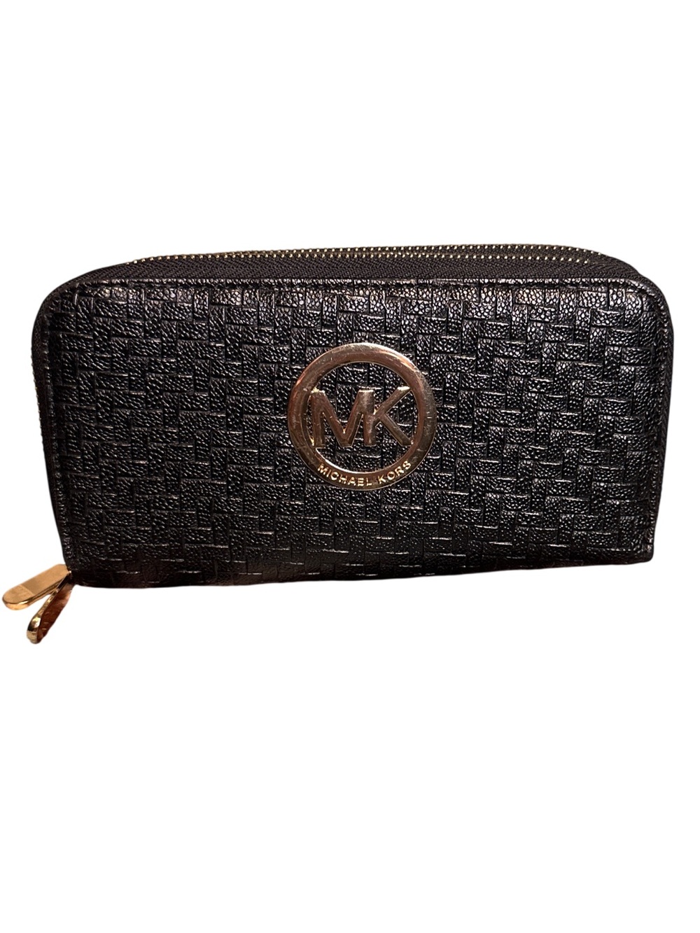 Michael Kors Black Textured Zip-Around Wallet with Gold MK Emblem